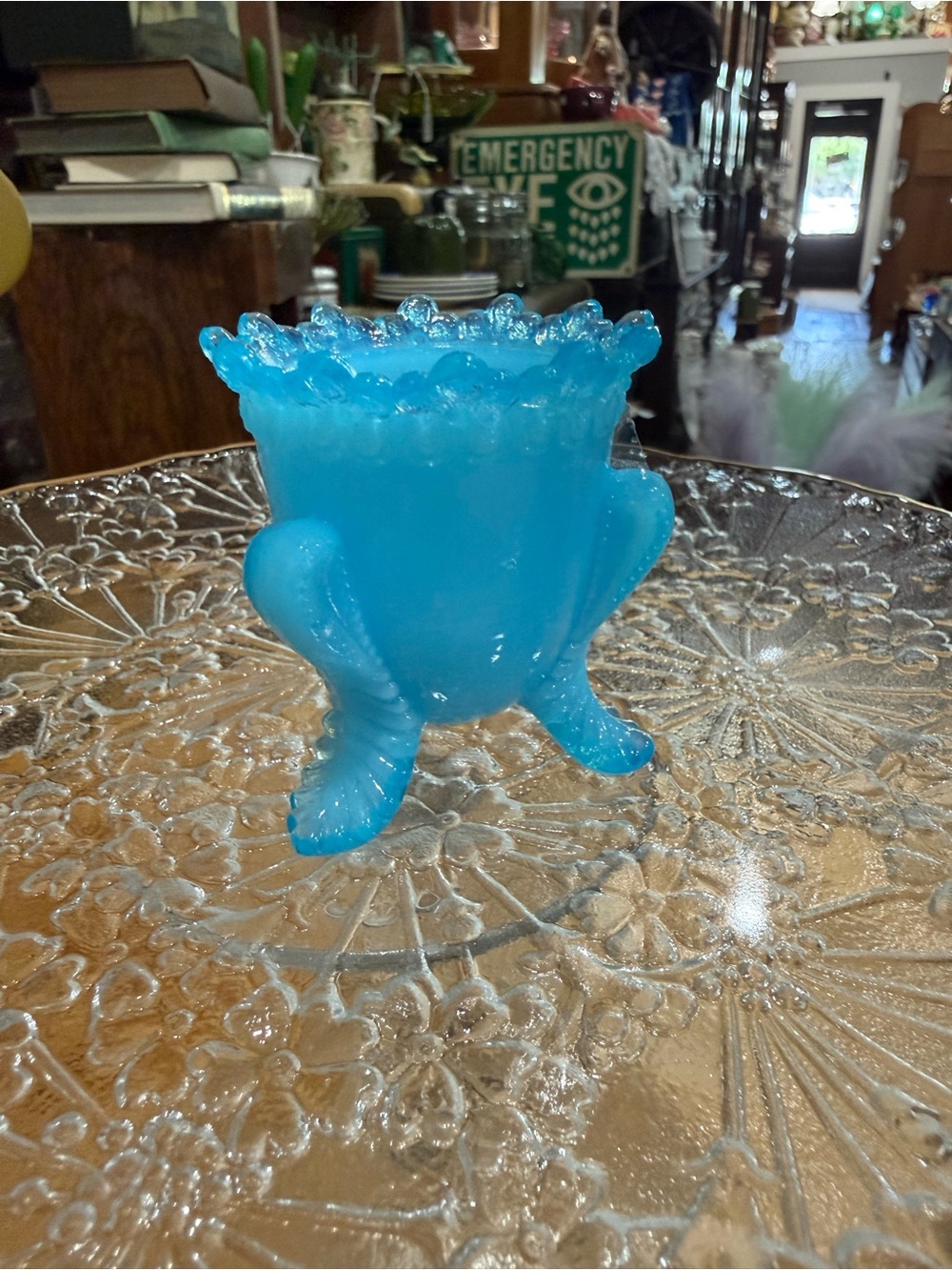 Vintage Degenhart Blue Slag Glass Three Footed Toothpick Holder Vase